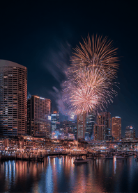 Purple Dream Fireworks over City Lights