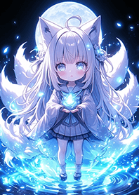 Nine-tailed fox girl under the moon