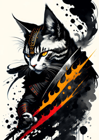 Ink wash cat samurai 6093Ec