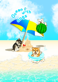Summer ocean with shiba dogs