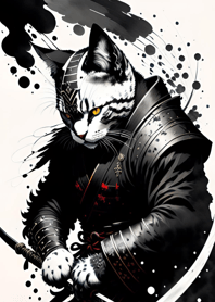 Ink wash cat samurai A3845d
