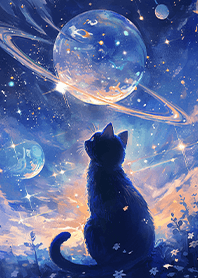 Black cat gazing at the shining planet