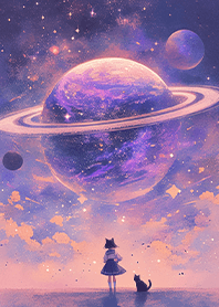 Girl and cat watching planets