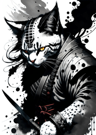 Ink wash cat samurai A05B44