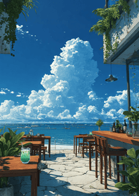 Purple Summer Sea Cafe and Clouds