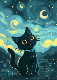 療癒藝術生活-星空下的小黑貓1.4粉藍綠色