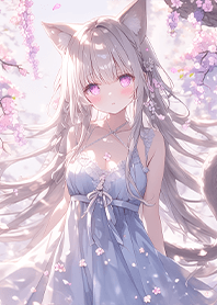 Cat girl under purple flowers JP