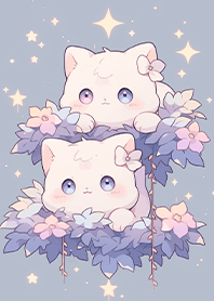 Cat couple on a purple flower bench JP