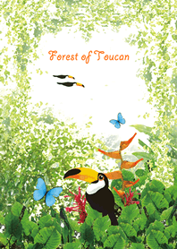Aves florestais e borboleta azul-Tucano-