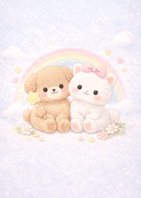 Lovely puppy and kitten in rainbow day!