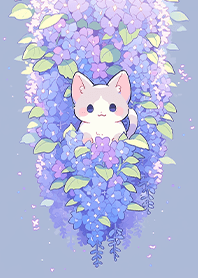 cat among wisteria flowers
