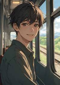 一個人旅行-電車窗戶旁看著風景的男孩3