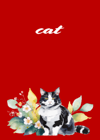 plants and Tuxedo cat on red & beige