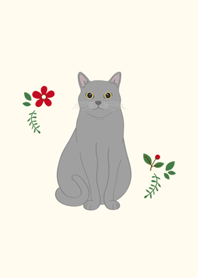 꽃과 귀여운 고양이(회색 고양이)