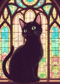 繽紛玻璃彩繪-沐浴彩色陽光的小黑貓4.1
