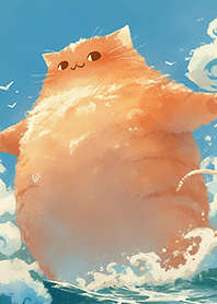 A giant orange cat walking on the sea