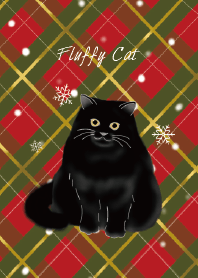Fluffy Black Cat Tartan Christmas Snow