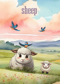 little sheep and flock of birds