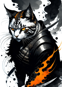 Ink wash cat samurai 4E0374