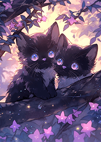 Black kitten under purple flowers JP