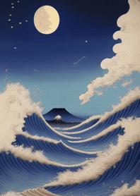 浮世絵 (青) - 月 山と海 81A1Ea
