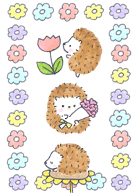 お花と手書きのころころハリネズミ