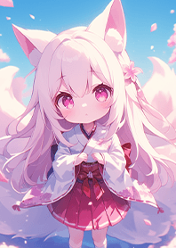 Kimono Fox Priestess in Cherry Blossoms.
