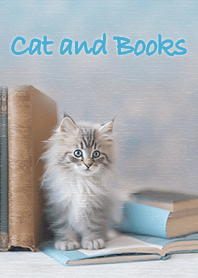 Cat and Books - Light blue