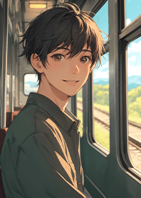 一個人旅行-電車窗戶旁看著風景的男孩3.1