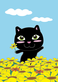 お花畑の黒猫