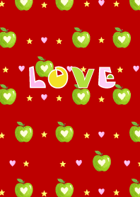 Green apple and hearts on red & beige