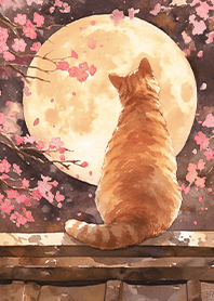 屋根で月を楽しむオレンジの猫❤️淡い色