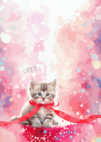 kitten with red ribbon on white
