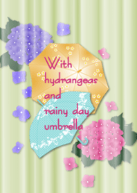 With hydrangeas and rainy day umbrella