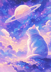 A cat looking at cosmic planets(purple)