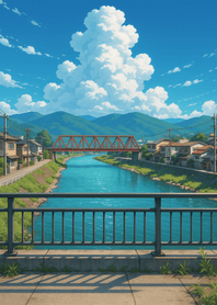 Riverside Town Under Clear Skies