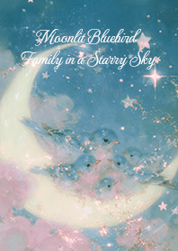 Moonlit Bluebird Family in a Starry Sky