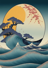 浮世絵 (青) - 月 山と海 D69Df4