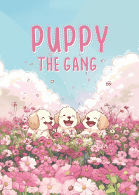 puppy gang in flower field