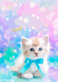kitten with blue ribbon on yellow