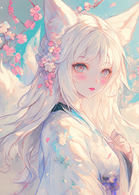 Nine-tailed fox with begonia flowers JP