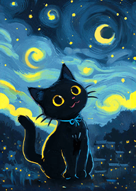 療癒藝術生活-星空下的小黑貓1.1 黃色