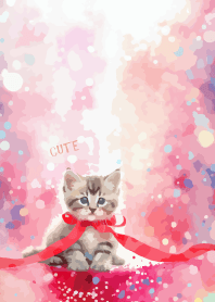 kitten with red ribbon on pink & blue