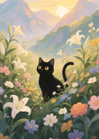 Black cat in a field of flowers 1 JP