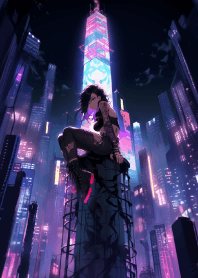 Cute cat girl on the tower