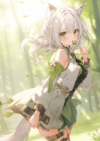 森の中を歩くかわいい猫の女の子