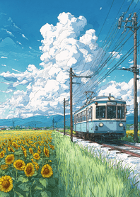 紫色 穿越向日葵田的夏日列車