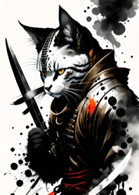 Ink wash cat samurai 488A5c