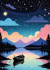 湖面暗夜星空月雲 POmpe