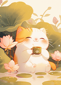 Relaxed Tea Cat by the Lotus Pond